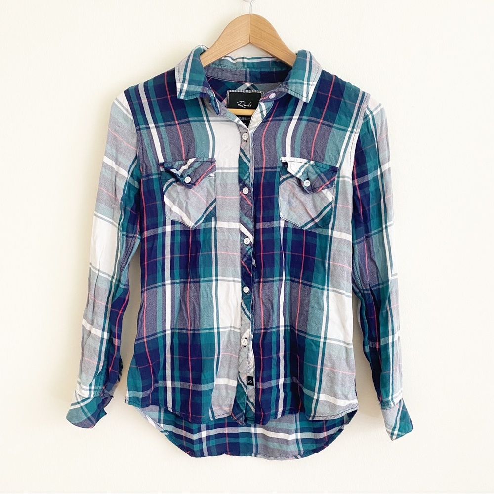 Rails Plaid Tencel Patch Pocket Button Down Shirt Hunter Green Navy Pink XS